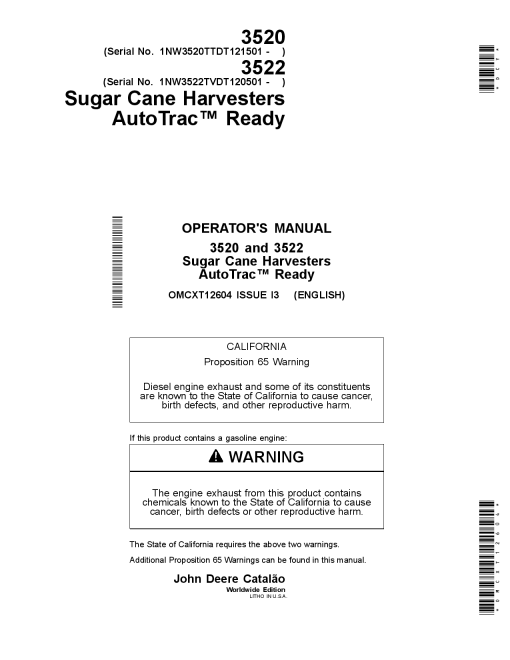 John Deere 3520 and 3522 Sugar Cane Harvesters AutoTrac Ready OMCXT12604 Operators and Maintenance Manual PDF Download
