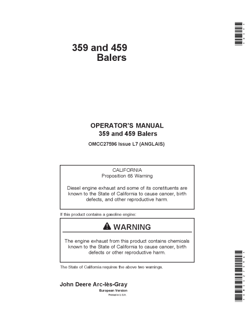 John Deere 359 and 459 Balers OMCC27596 Operators and Maintenance Manual PDF Download