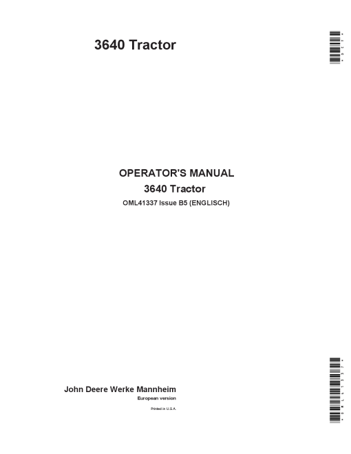John Deere 3640 Tractor OML41337 Operators and Maintenance Manual PDF Download