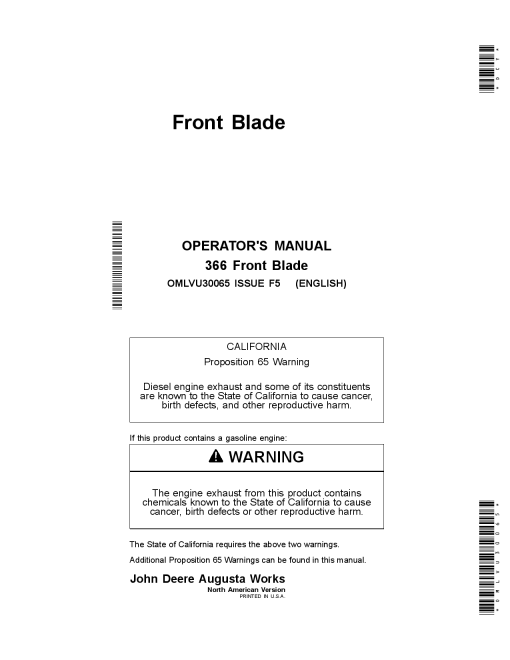 John Deere 366 Front BladeNorth American Edition (110001-) OMLVU30065 Operators and Maintenance Manual PDF Download