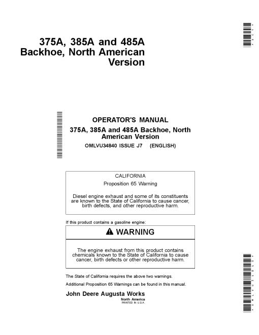 John Deere 375A, 385A and 485A Backhoe OMLVU34840 Operators and Maintenance Manual PDF Download