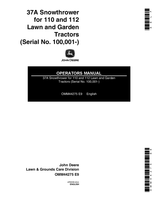 John Deere 37A Snow Thrower (110001-115000) OMM44275 Operators and Maintenance Manual PDF Download