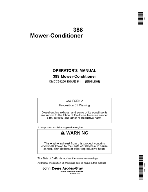 John Deere 388 Mower-Conditioner (North American Edition) OMCC59206 Operators and Maintenance Manual PDF Download