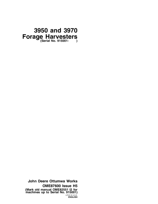 John Deere 3950, 3970 Forage Harvesters OME87600 Operators and Maintenance Manual PDF Download