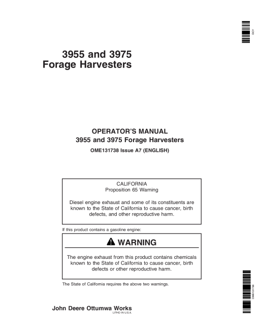 John Deere 3955, 3975 Pull-Type Forage Harvesters OME131738 Operators and Maintenance Manual PDF Download