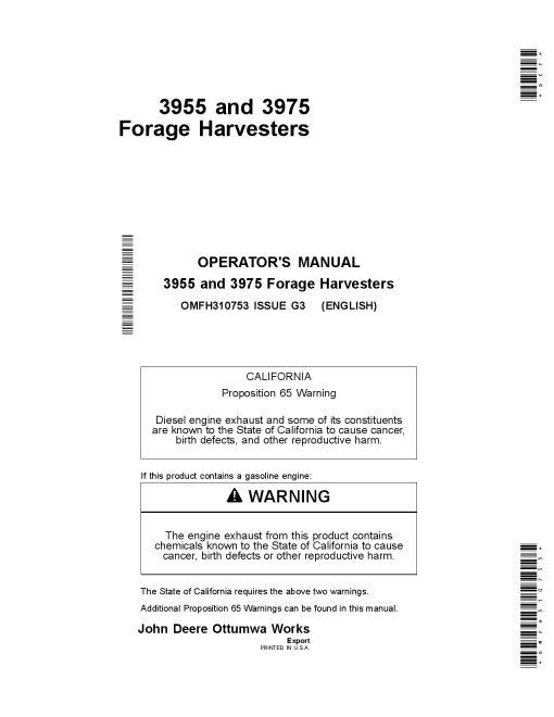 John Deere 3955, 3975 Pull-Type Forage Harvesters OMFH310753 Operators and Maintenance Manual PDF Download