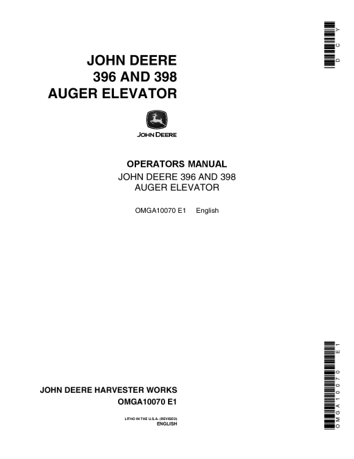 John Deere 396, 398 Auger Elevator OMGA10070 Operators and Maintenance Manual PDF Download