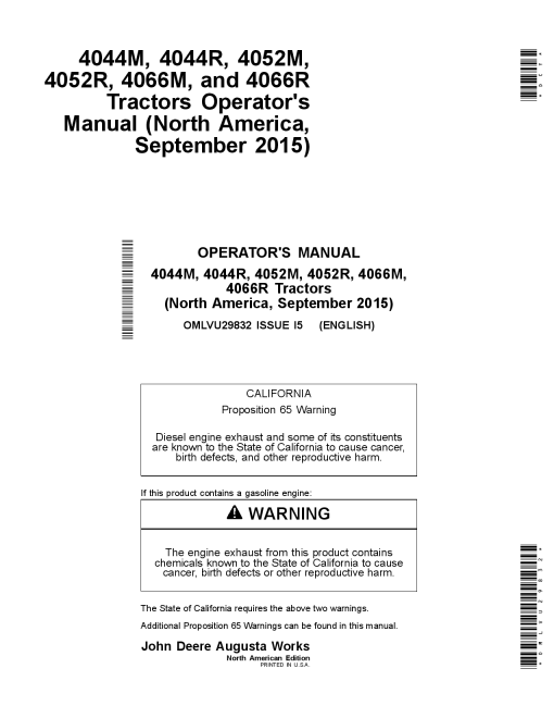 John Deere 4044M, 4044R, 4052M, 4052R, 4066M & 4066R Tractors OMLVU29832 Operators and Maintenance Manual PDF Download