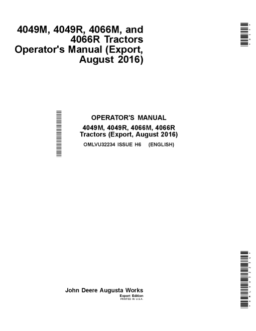 John Deere 4049M, 4049R, 4066M & 4066R (Export Edition) OMLVU32234 Operators and Maintenance Manual PDF Download