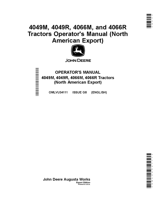 John Deere 4049M, 4049R, 4066M & 4066R Tractors Export w North American Configuration OMLVU34111 Operators and Maintenance Manual PDF Download