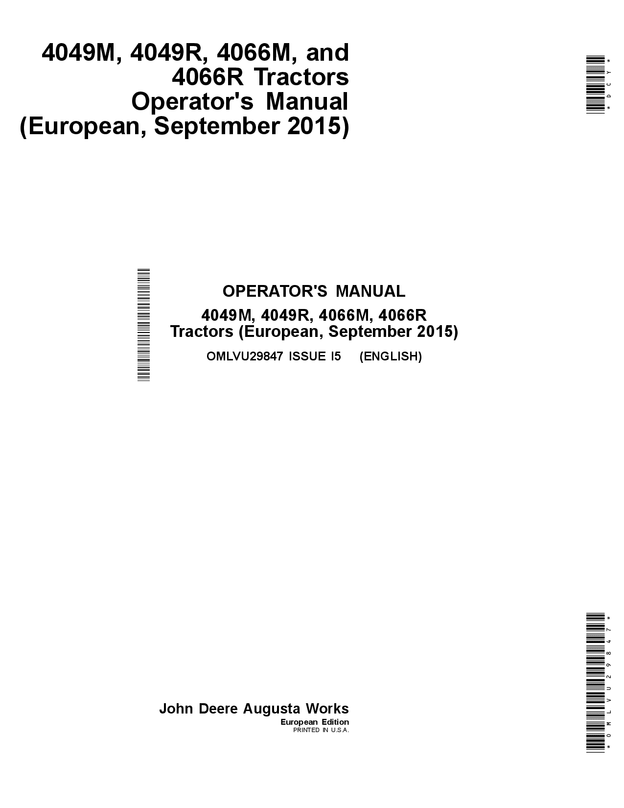 John Deere 4049M, 4049R, 4066M & 4066R Tractors OMLVU29847 Operators and Maintenance Manual PDF Download