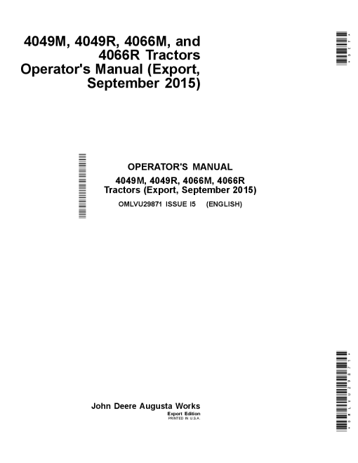 John Deere 4049M, 4049R, 4066M & 4066R Tractors Text Free Saftey Labels OMLVU29871 Operators and Maintenance Manual PDF Download