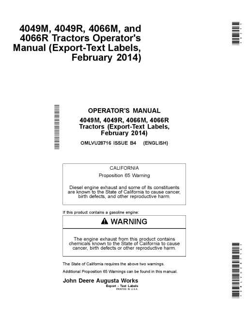 John Deere 4049M, 4049R, 4066M & 4066R Tractors Text Saftey Labels OMLVU28716 Operators and Maintenance Manual PDF Download