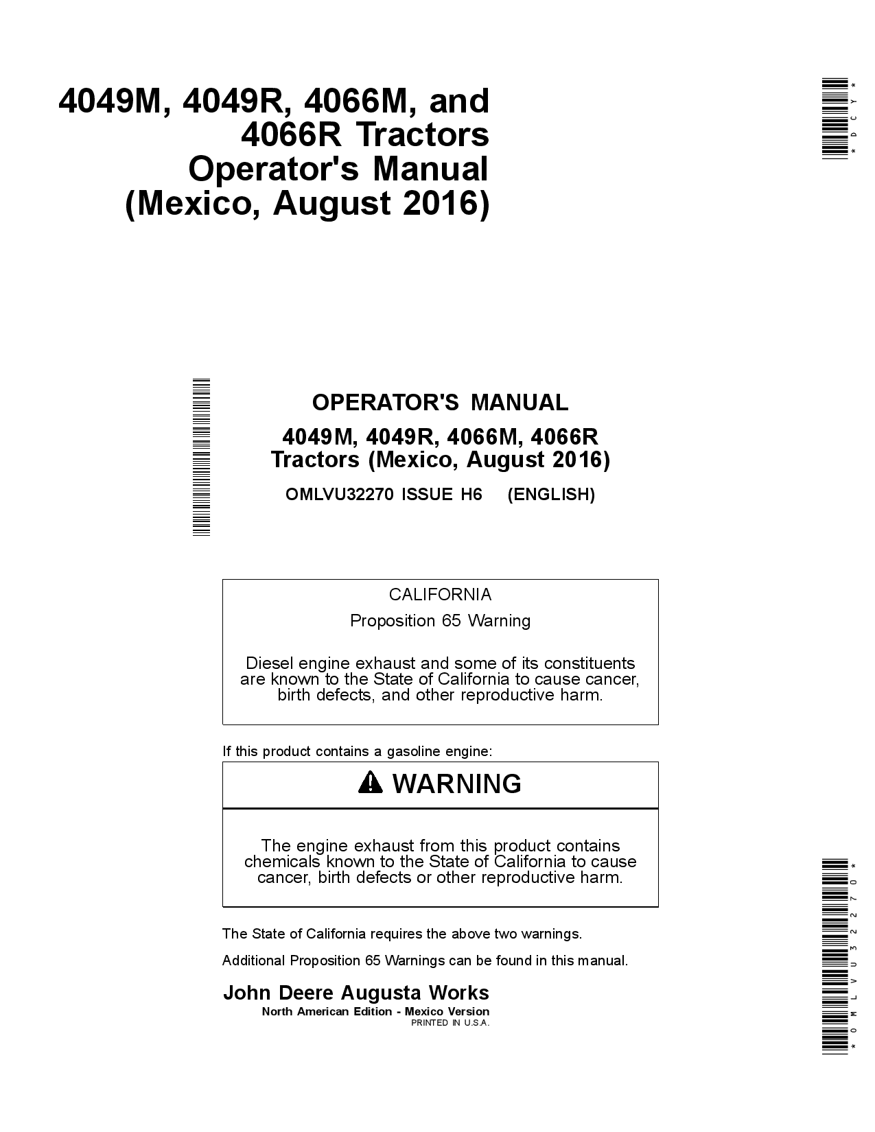John Deere 4049M, 4049R, 4066M and 4066R Tractors (Mexico Edition) OMLVU32270 Operators and Maintenance Manual PDF Download