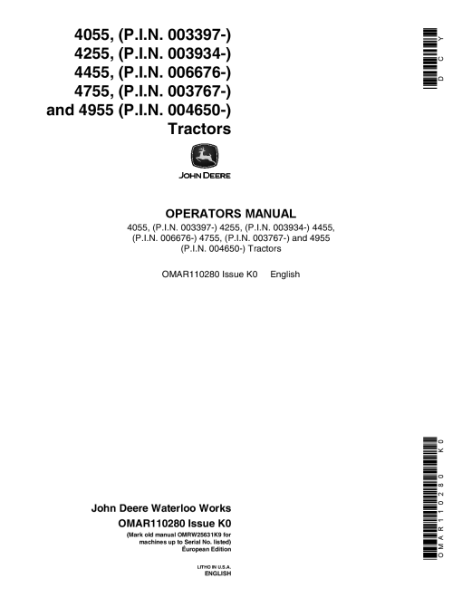 John Deere 4055, (003397-) 4255, (003934-) 4455, (006676-) 4755, (003767-) and 4955 (004650-) Tractors OMAR110280 Operators and Maintenance Manual PDF Download