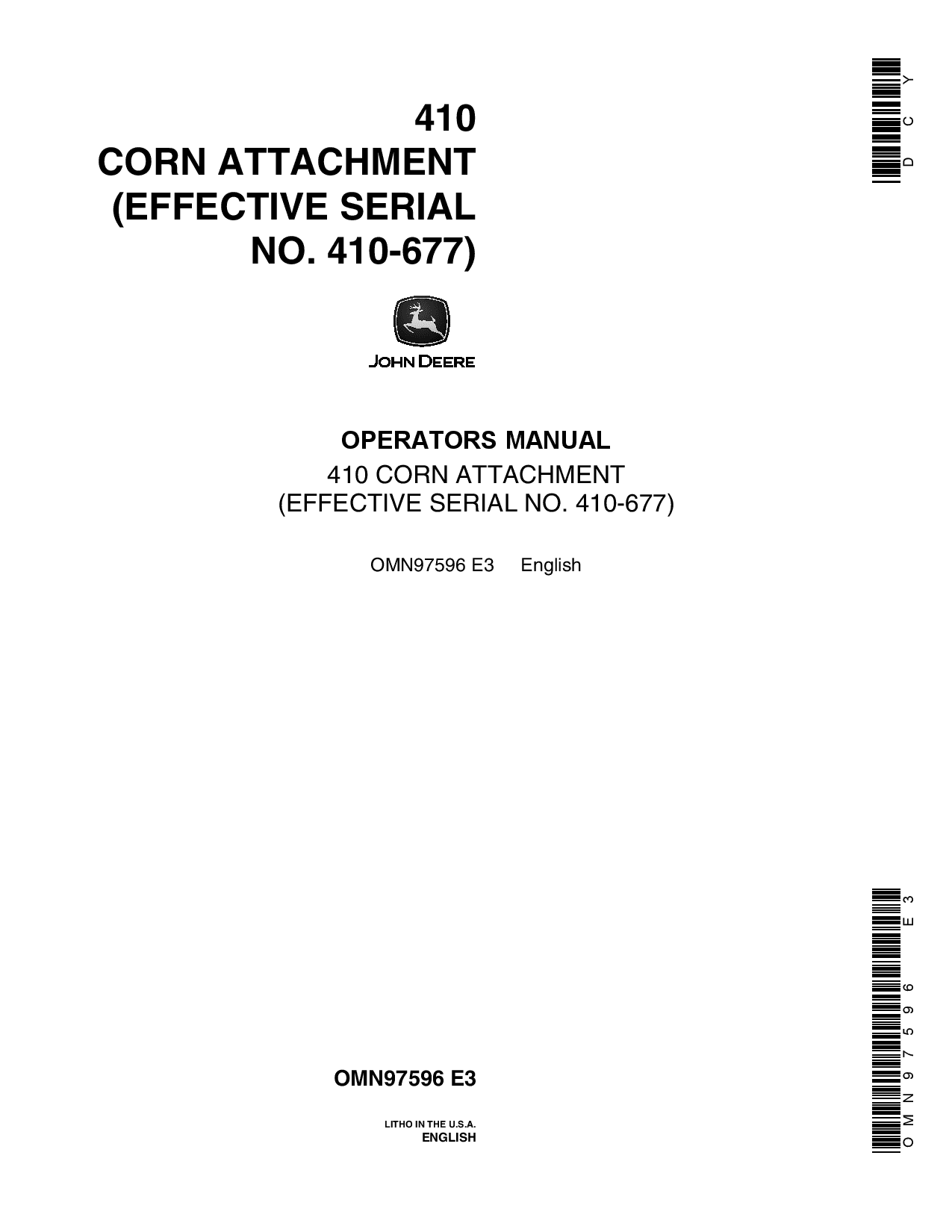 John Deere 410 Corn Head Attachments For 40,45, 55, 95, 105 Combines OMN97596 Operators and Maintenance Manual PDF Download