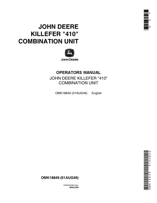 John Deere 410JD Killefer Combination Unit OMK18849 Operators and Maintenance Manual PDF Download