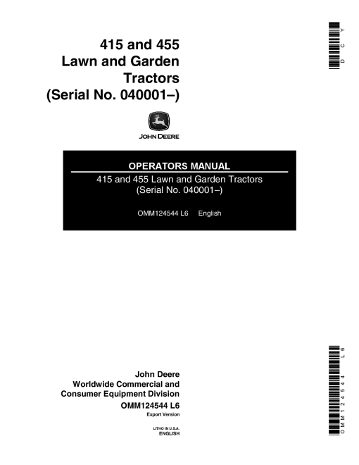 John Deere 415,455 Lawn & Garden Tractor OMM124544 Operators and Maintenance Manual PDF Download