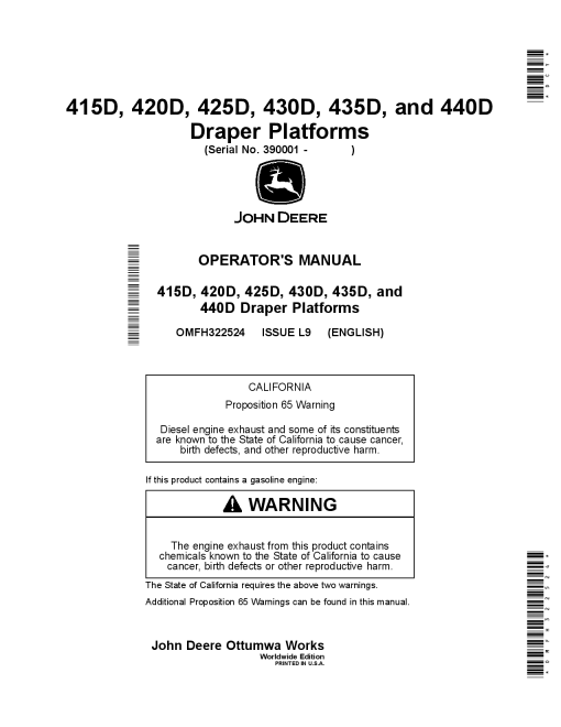 John Deere 415D, 420D, 425D, 430D, 435D, and 440D Draper Platforms OMFH322524 Operators and Maintenance Manual PDF Download
