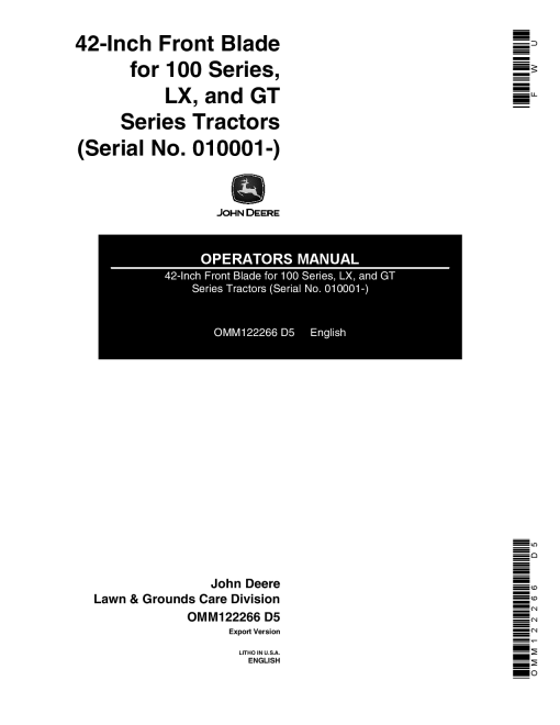 John Deere 42-Inch Front Blade for 100 Series Tractors (010001-) OMM122266 Operators and Maintenance Manual PDF Download