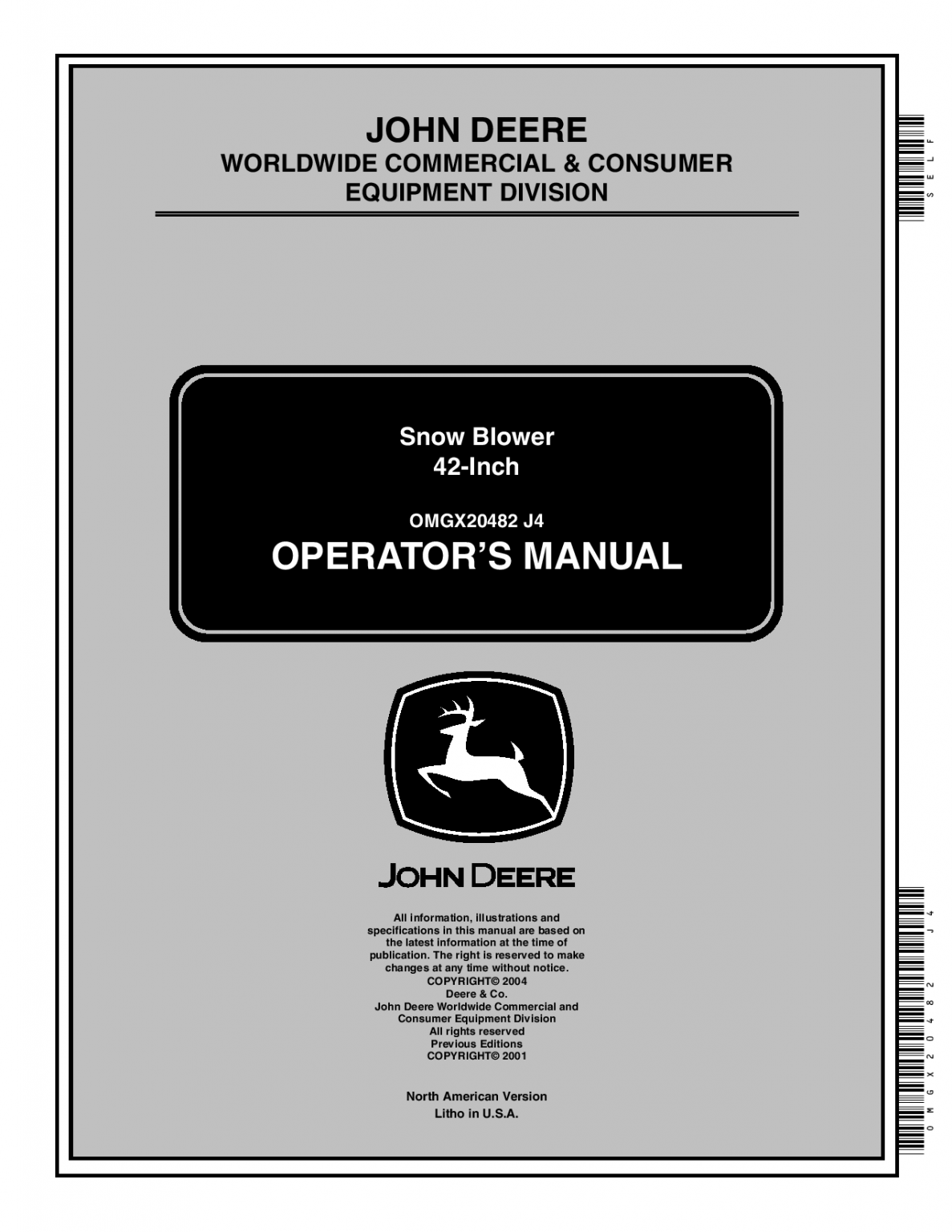 John Deere 42 Inch Snow Blower, for G110, L100, L105, L107, L108,110 John Deere 42 Snow Thrower Manual