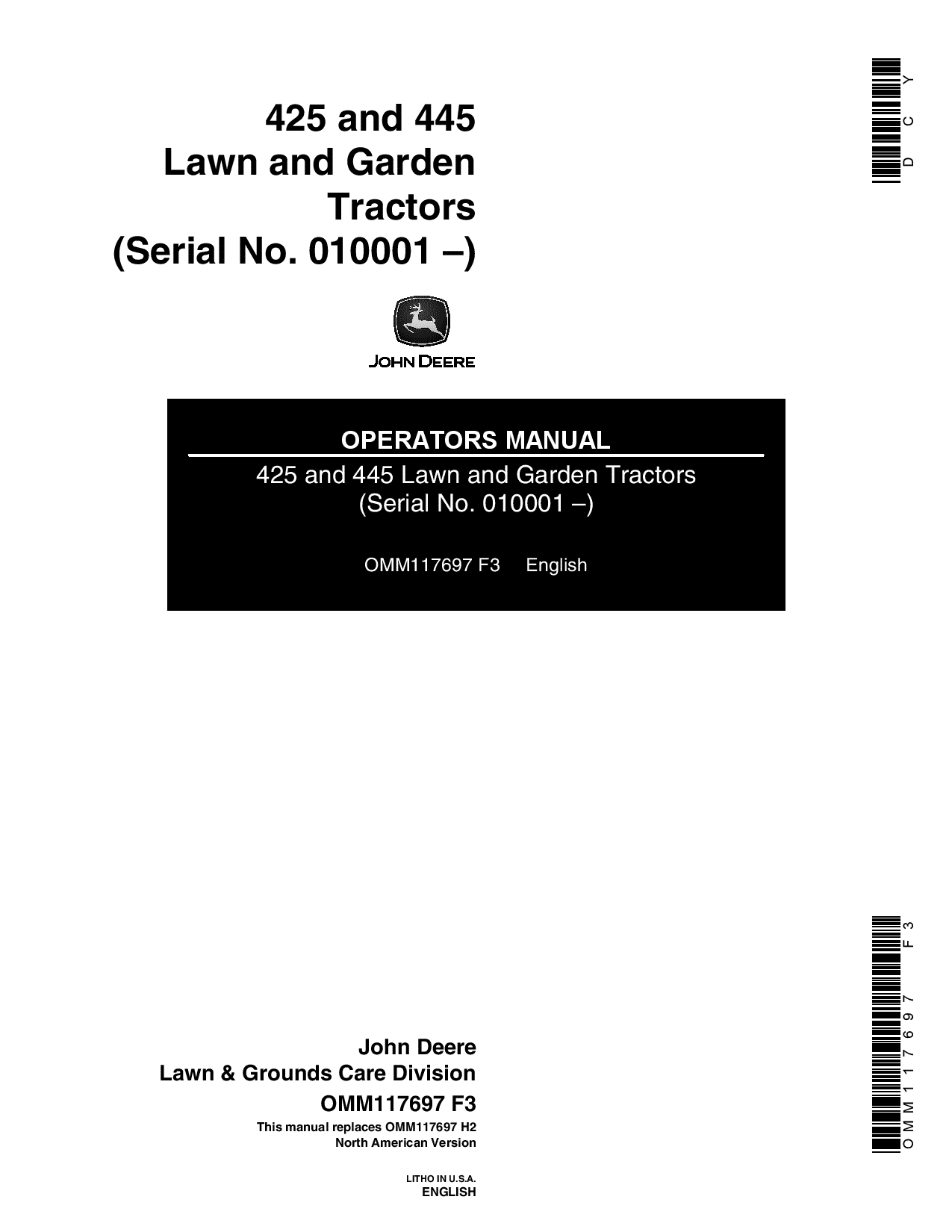 John Deere 425, 445 Lawn & Garden Tractor OMM117697 Operators and Maintenance Manual PDF Download
