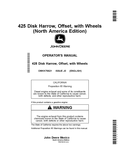 John Deere 425 Disk Harrow, Offset, with Wheels (MY2020) OMKK76621 Operators and Maintenance Manual PDF Download