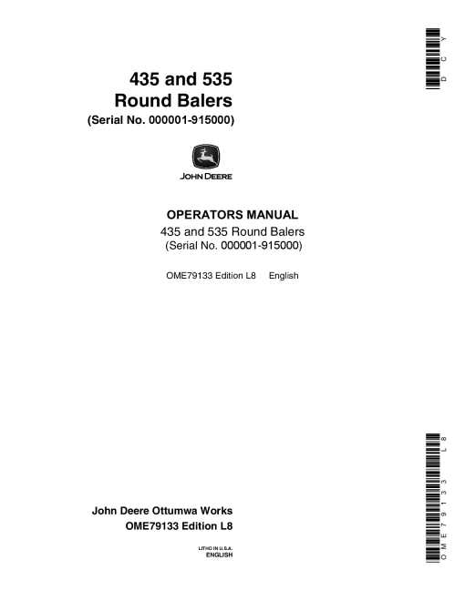 John Deere 435, 535 Round Balers (-915000) OME79133 Operators and Maintenance Manual PDF Download