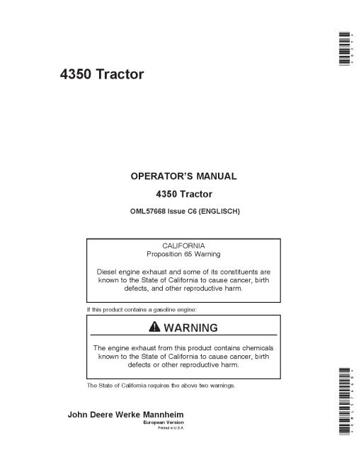 John Deere 4350 Tractor OML57668 Operators and Maintenance Manual PDF Download