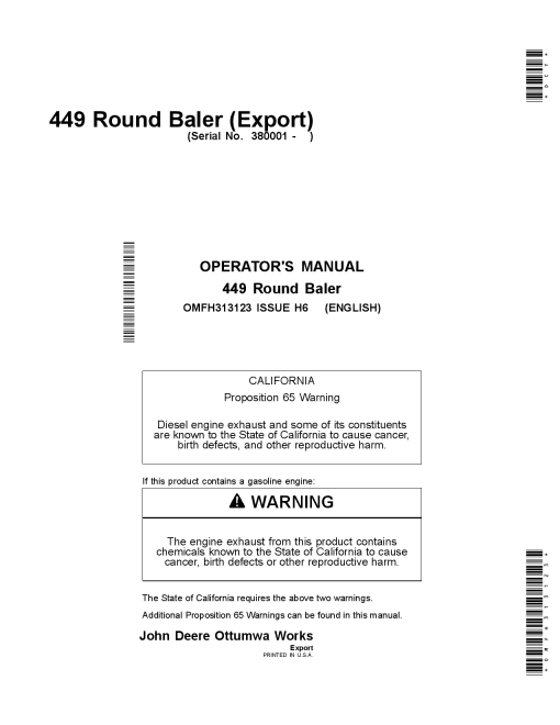 John Deere 449 Round Balers (Export Edition) OMFH313123 Operators and Maintenance Manual PDF Download