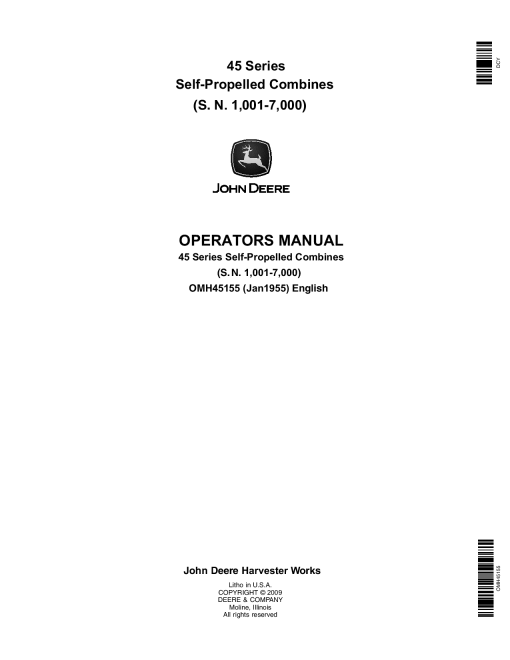 John Deere 45 Self-Propelled Combine (Round Back) OMH45155 Operators and Maintenance Manual PDF Download