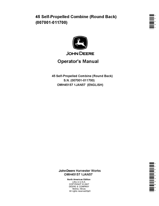 John Deere 45 Self-Propelled Combine (Round Back) OMH45157 Operators and Maintenance Manual PDF Download