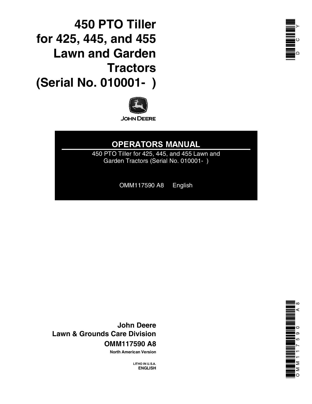 John Deere 450 PTO Tiller for 425, 445, 455 Tractors (010001-) OMM117590 Operators and Maintenance Manual PDF Download