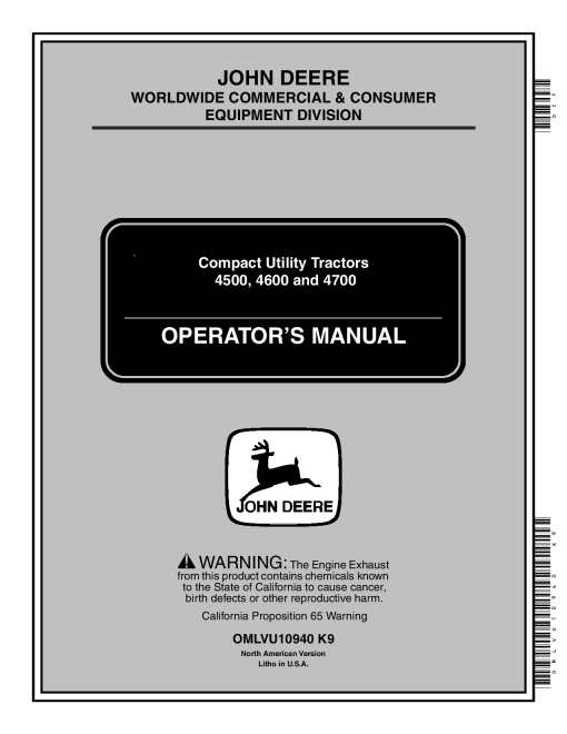 John Deere 4500, 4600, 4700 Compact Utility Tractors OMLVU10940 Operators and Maintenance Manual PDF Download