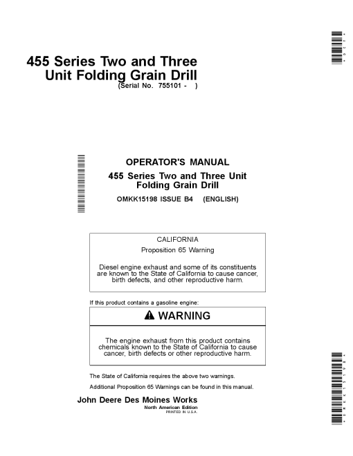John Deere 455 Folding Grain Drills OMKK15198 Operators and Maintenance Manual PDF Download