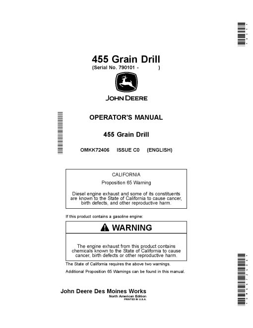 John Deere 455 Grain Drill OMKK72406 Operators and Maintenance Manual PDF Download