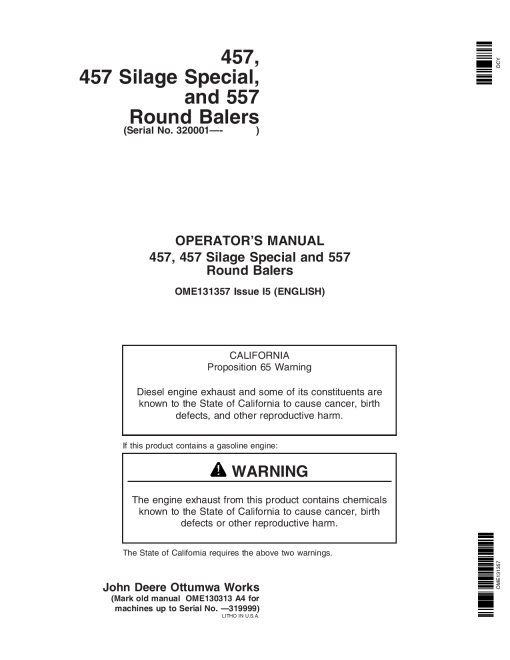 John Deere 457, 457S, 557 Round Balers (320001-) OME131357 Operators and Maintenance Manual PDF Download