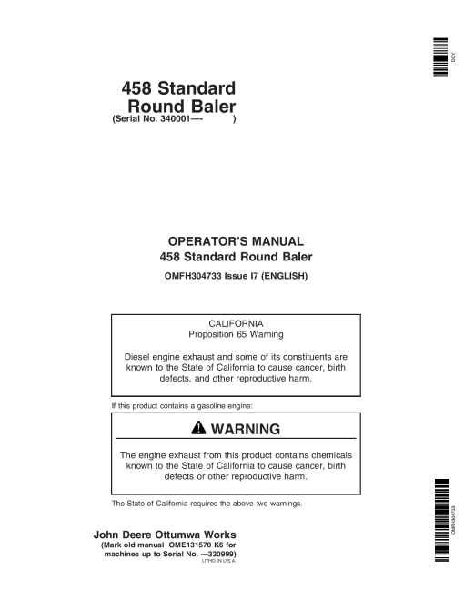 John Deere 458 (340001- ) Standard Round Baler (Regular Pickup only) (340001-349999 ) OMFH304733 Operators and Maintenance Manual PDF Download
