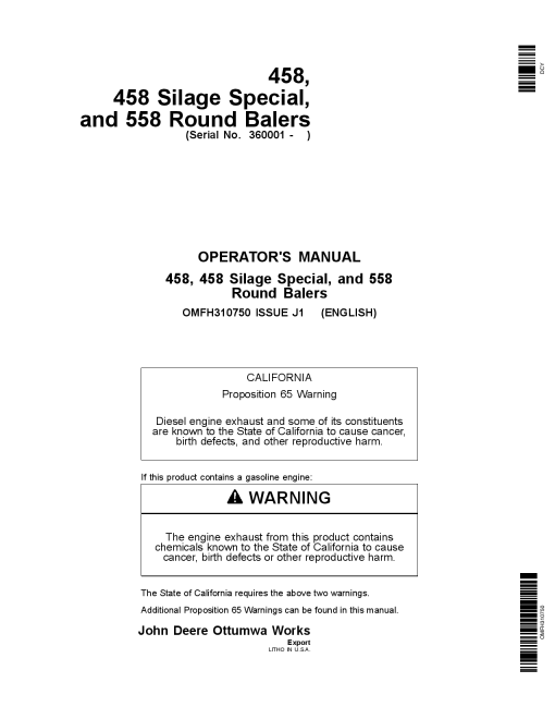John Deere 458, 458 Silage Special and 558 Round Balers (MegaWide Plus and MagaTooth Pickups Only) OMFH310750 Operators and Maintenance Manual PDF Download