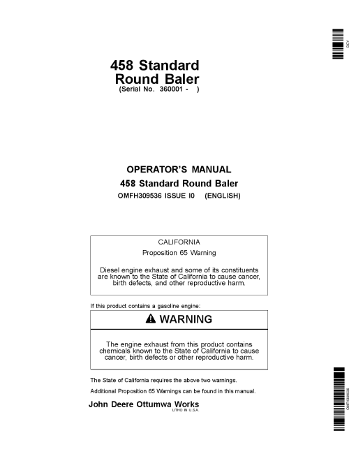 John Deere 458 Standard Round Balers (Regular Pickup Only) (360001-) OMFH309536 Operators and Maintenance Manual PDF Download