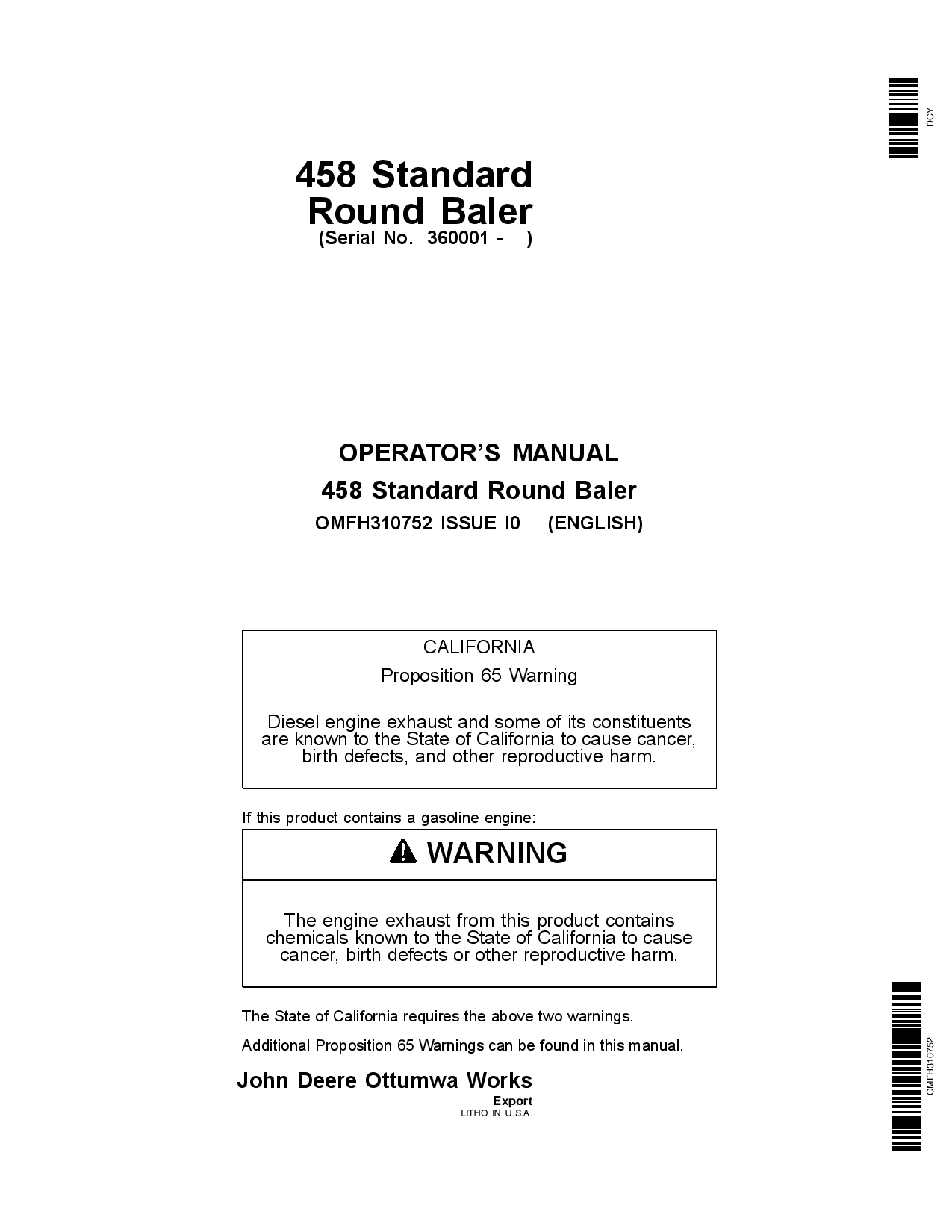 John Deere 458 Standard Round Balers (Regular Pickup Only) OMFH310752 Operators and Maintenance Manual PDF Download