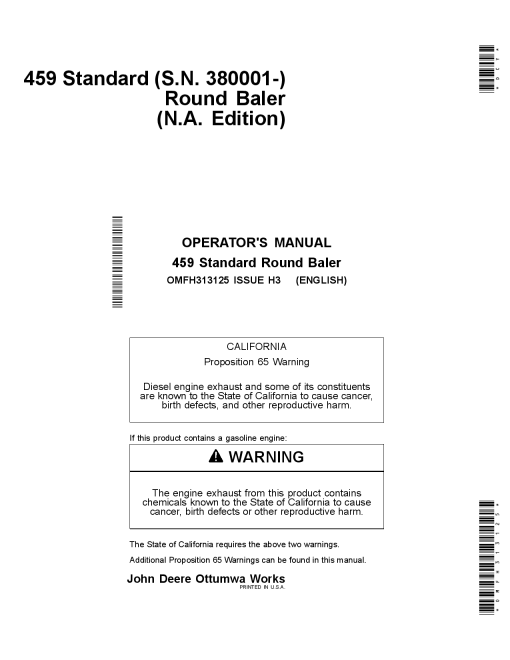 John Deere 459 Standard Round Baler (380001-) OMFH313125 Operators and Maintenance Manual PDF Download
