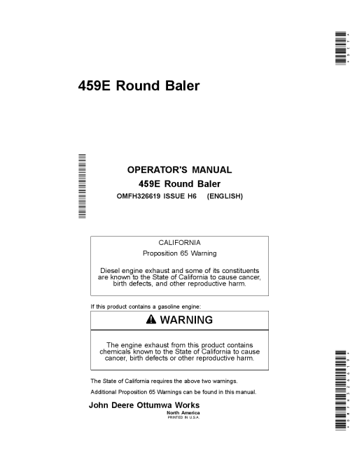 John Deere 459E Round Balers (North America Edition) OMFH326619 Operators and Maintenance Manual PDF Download