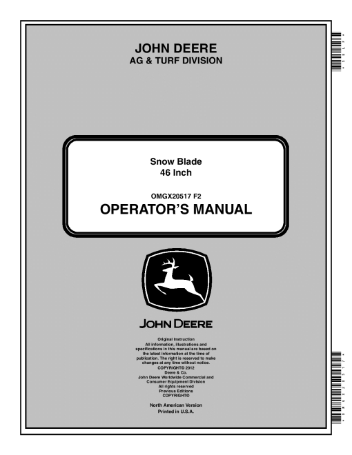John Deere 46 Inch Snow Blade 100 Series Lawn Tractors OMGX20517 Operators and Maintenance Manual PDF Download
