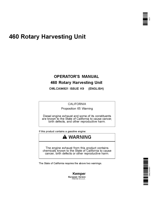 John Deere 460 Rotary Harvesting Unit OMLCA94921 Operators and Maintenance Manual PDF Download