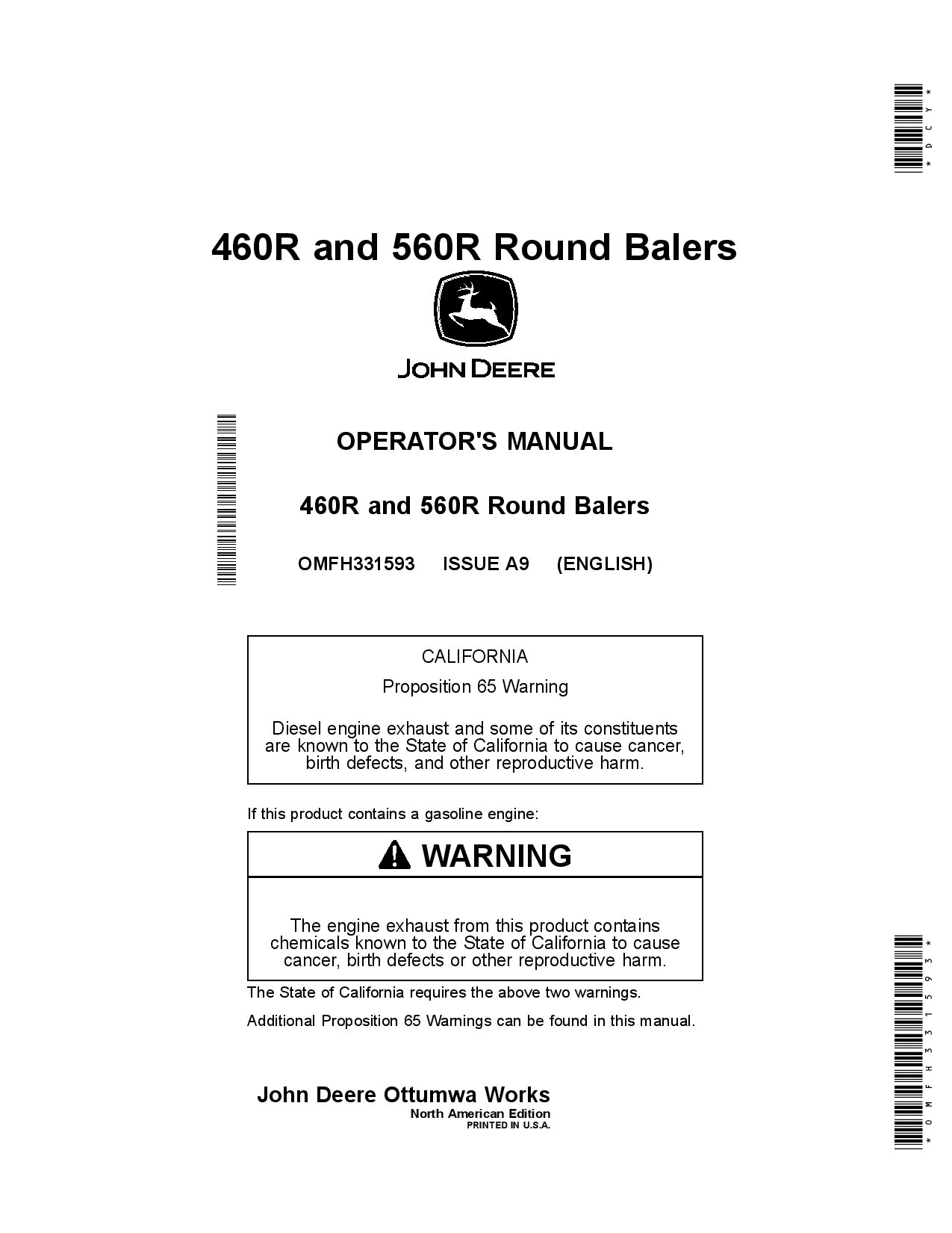John Deere 460R and 560R Round Balers OMFH331593 Operators and Maintenance Manual PDF Download