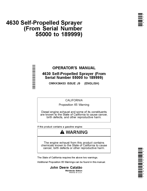 John Deere 4630 Self-Propelled Sprayer (Manufactured by Catalao) OMKK36433 Operators and Maintenance Manual PDF Download