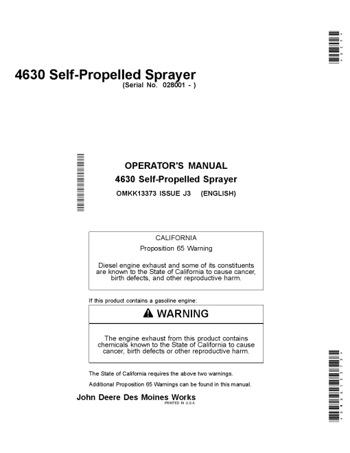 John Deere 4630 Self-Propelled Sprayers Export Edition (028001-033000) OMKK13373 Operators and Maintenance Manual PDF Download
