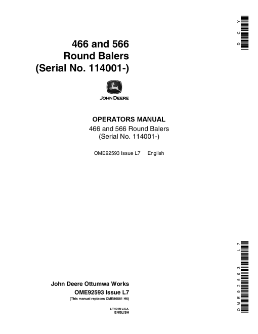 John Deere 466, 566 Round Balers ( 114001-) OME92593 Operators and Maintenance Manual PDF Download