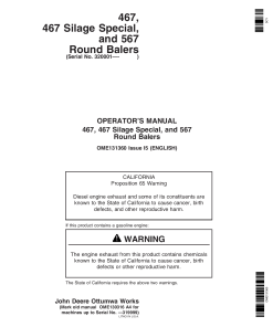 John Deere 467, 467S, 567 Round Balers (320001-) OME131360 Operators and Maintenance Manual PDF Download